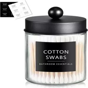 시충 큐팁 디스펜서 홀더 1개 스테인리스 뚜껑 스티커가 있는 유리 약병 면봉/볼용 카운터탑 캐니스터