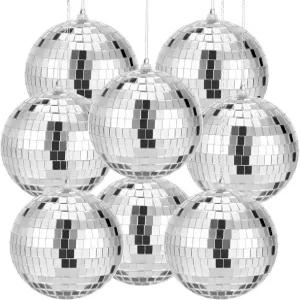 SHENLIU 8팩 미러 디스코 볼 4인치 소형 오너먼트 빛 반사용 부착형 스트링이 있는 실버 행잉 파티 선물 홈