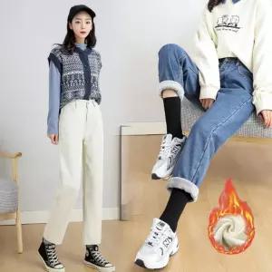 여자 겨울 융 기모청바지 일자 뒷밴딩 9부 청바지 데님 팬츠 키작녀 진 청바지 연청 밍크 흑 여성 스판