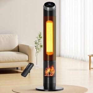 AKIRE 38인치 우주 히터 대형 객실, 실내용 1500w 히터, 온도 조절기, 원격 제어, 과열 및 팁 오버 보호 기능이 있는 120 진동 타워 객실용 24시간 타이머 매트 블랙