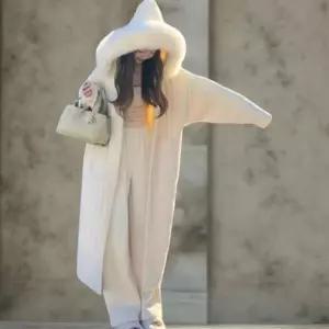 여성 따뜻한 루즈핏 후드 니트 롱 가디건 코트