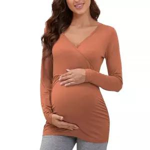 Glampunch 여성용 임산부 수유 상의 긴소매 모유 티셔츠 더블 레이어 셔츠 캐러멜. S 845834