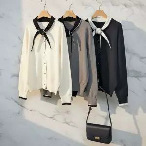 [하프클럽/]여성용 버튼 라인 배색 3종 컬러 스카프 가디건