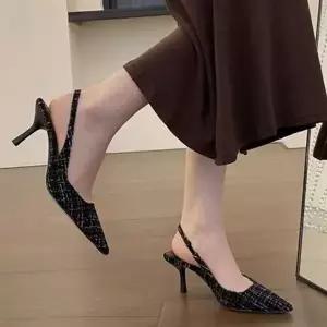 여성 561GVA73 트위드 슬림 앞코 세련 스텔레토 힐 플랫 구두