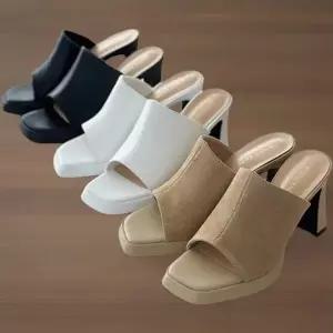 여성용 가죽 미들힐 오픈토 사각코 여름 신발