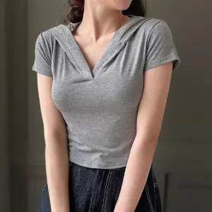 여성 여름 반소매 크롭 후드 티셔츠 브이넥 슬림 타입