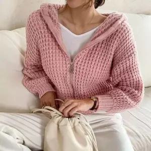 여자 니트 크롭 후드 아우터 와플 가디건 패턴 집업