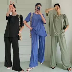 여성 아이스 쿨링 무지 반팔 롱 티셔츠 와이드팬츠 세트 -WPST0405- 여름
