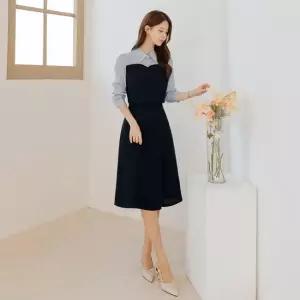 XXL까지) 프레트 카라 배색 플레어 원피스 봄 가을 투피스인듯 하객룩 오피스룩 모임룩 격식룩 빅사이즈