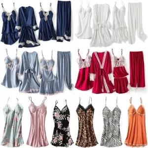 브라 캡 내장 실크 레이스 슬립 원피스 섹시 란제리 속옷 가운 로브 홈웨어 파자마 잠옷 세트 신혼선물