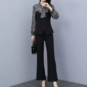 [퀸이즈][퀸이즈] [77까지]라우리 플라워 리본 블라우스+슬랙스 SET