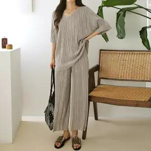[유야]여성 냉감 핸드주름 반팔티 바지 플리츠 세트 -FPST0061- 여름