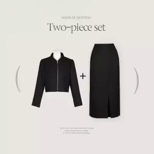 핫핑 [스테디셀러] 페빗 트위드 카라넥 투포켓 집업 자켓+트임 롱 스커트 투피스set