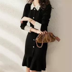 [오노마] ONM 카라 소매 레이스 니트원피스 블랙 밑단프릴 핏 (S9719561)