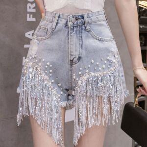 큐빅 청반바지 하이웨스트 데님 반바지 여성 태슬 반짝이 장식 숏팬츠 비즈 A라인