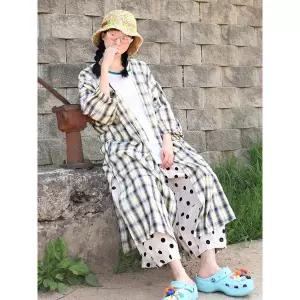 [하프클럽/앞머리]내추럴 체크 구김 벌룬 소매 오픈 롱 로브 카디건n426