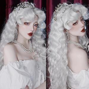 긴웨이브가발 여성롱통가발 여자긴머리통가발 앞머리가 있는 긴 곱슬 웨이브 가발 흰색 다채로운 코스프레