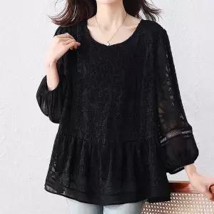 [퀸이즈][퀸이즈] [99까지]빅사이즈 노프 플라워 레이스 시스루 블라우스