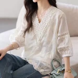 [퀸이즈][퀸이즈] [88까지]레켄 플라워 레이스 자수 블라우스