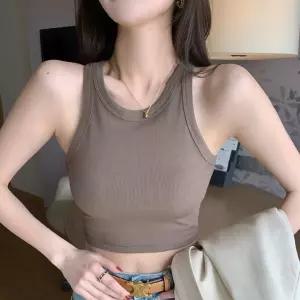 여성 슬림라인 잔골지 크롭 탱크탑 민소매티
