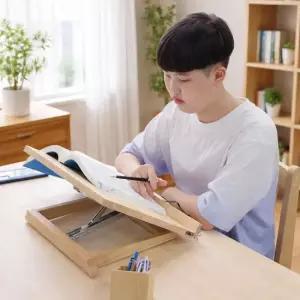 12단 각도조절 독서대 400 고무나무 원목 휴대용 필기독서대