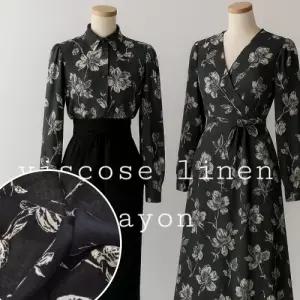 일본수입 비스코스 린넨 드로잉 플라워 원단 (블랙&화이트) 로하이마켓 단독