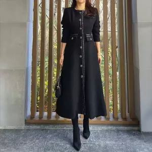 나나 라운드 미시 롱원피스 노카라 하객룩 겨울 a라인 배색 긴팔 기모 결혼식 봄 스판