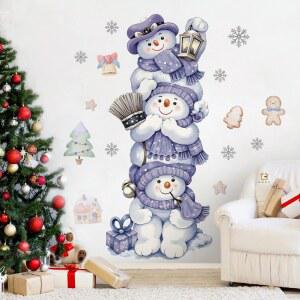 귀여운 쌓인 눈사람 크리스마스 벽 스티커 보라색 모자 이동식 PVC 데칼 거실 침실 장식