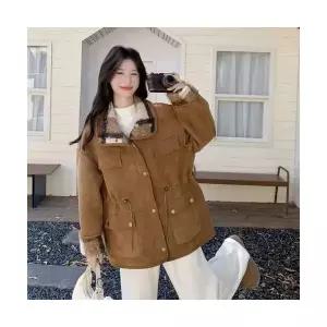 여성용 겨울 코트 갈색 양면 스웨이드 체크 두꺼운 털 일체형 KS4