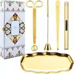 DRAMLOR 5 in 1 캔들 트리머 및 라이터 세트(캔들 스너퍼 윅 포함 트레이 포함) 골드 세트(라이터 디퍼