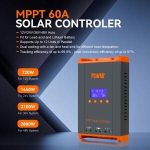 PowMr MPPT 60A 태양열 충전 컨트롤러 병렬 버전 12V 24V 36V 48V 배터리 통풍 밀봉 젤 Nicd Li 160VDC 전