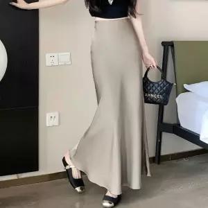 하이웨스트 유광 롱 스커트 여성 허리밴딩 머메이드 치마 (WFK61R1)