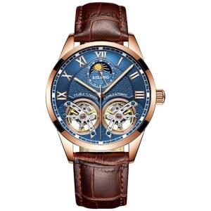 B BINGER AILANG 남성용 스켈레톤 시계 듀얼 밸런스 휠이 장착된 자동 기계식 골드 블루