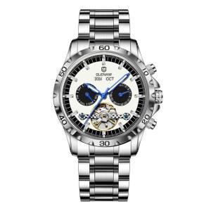 GLENAW 남성 스켈레톤 시계 투어빌론 자동 와인딩 데이트 럭셔리 스테인리스 스트랩 방수 야광 손목시계