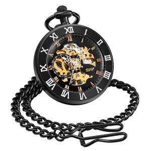 체인이 달린 ShoppeWatch 남성용 포켓 워치 Wind Up 블랙 페이스 투명 기계식 무브먼트 및 체인 1920년대 철도 스팀펑크 코스튬 액세서리 PW11