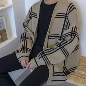 [하프클럽/]맨즈오버핏 넉넉한 체크무늬 프린트 세련된 겉옷 이지 오픈니트