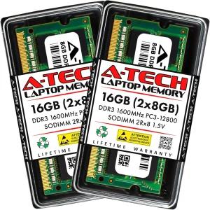 A-Tech 16GB (2x8GB) DDR3 1600MHz SODIMM PC3-12800 2Rx8 1.5V CL11 비-ECC 버퍼링 204핀 SO-DIMM 노트북