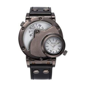 ShoppeWatch 남성 오버사이즈 손목시계 스팀펑크 듀얼 타임 쿼츠 블랙 가죽 밴드 화이트 다이얼 OM-216