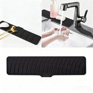 주방 싱크대 욕실 수도꼭지 패드 싱크 스플래시 가드 비누 스펀지 홀더 식기 건조 매트 양면 2in1 배수 내열 16.54x3.94인치 블랙