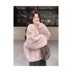 여성용 가죽 자켓 핑크 퍼 코트 부드럽고 도톰한 일체형 겨울 CH4