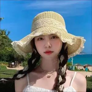 레이스 리본 밀짚모자 스트랩 공주 라피아햇 휴양지