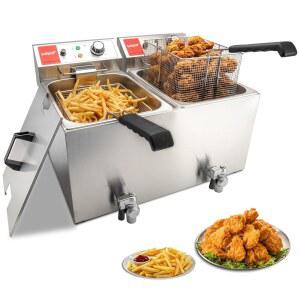 발거스 듀얼 탱크 상용 딥 프라이어 전기 1700W 120V 26L 대용량 스테인리스 스틸 조리대 주방 튀김기, 바구니 및 뚜껑, 가정용 레스토랑용 배수 시스템
