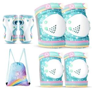 SULIFEEL 레인보우 유니콘 무릎 보호대 용 드로스트링 백 조절식 보호 장비 포함 여자 롤러스케이트 자전거
