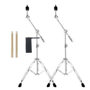2팩 붐 심벌 스탠드 + 드럼 스틱 홀더 5A 2쌍, 헤비 듀티 장착 충돌, 라이드, 스플래시 심벌즈, 더블 브레이스 레그를 위한 조절 가능한 포함