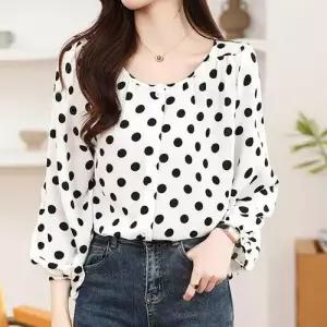 어깨 셔링 디테일 도트 패턴 노카라 셔츠 블라우스 WE6B934