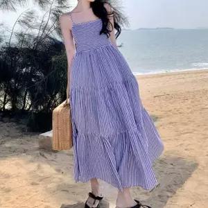 블루 스트라이프 패턴 끈나시 스퀘어넥 롱 원피스 WE6B949