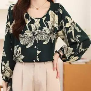 A라인 플라워 패턴 벌룬 소매 셔링 블라우스 셔츠 WE6B936