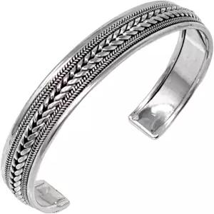 VN 주얼리 남성 실버 뱅글 브레이슬릿 오픈 커프 땋은 디테일 - 클래식 925 스털링 손목밴드