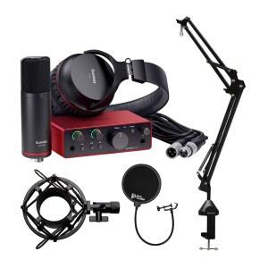 포커스라이트 스칼렛 솔로 스튜디오 4세대 USB 오디오 인터페이스(마이크 프리앰프 및 에어 모드 포함) - 팝 필터, 마이크 스탠드, 쇼크 마운트가 포함된 간편한 설정 번들(4개 품목)