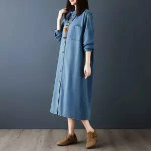 블랙팬서 여성 추동 긴팔 셔츠 스커트 빈티지 슬림핏 롱 데님 원피스 OPH4